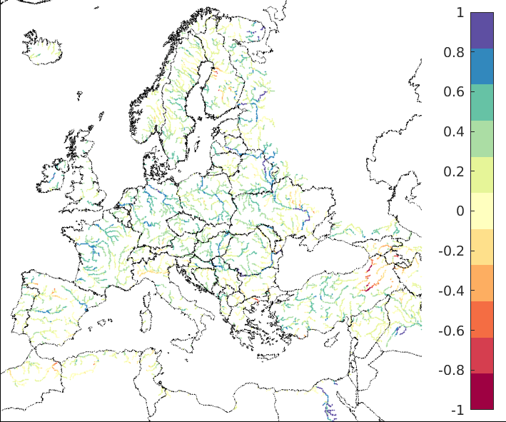 Figure 3. EFAS CRPSS at lead-time 5 days for February 2023, for all catchments. The reference score is persistence.