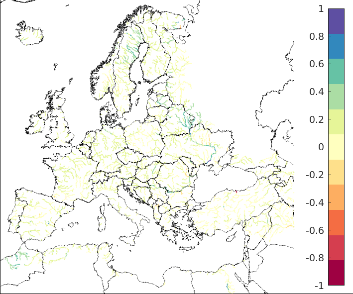 Figure 4. EFAS CRPSS at lead-time 10 days for March 2023, for all catchments. The reference score is persistence.