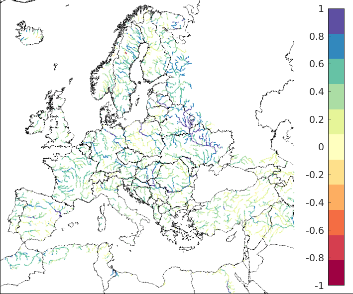 Figure 2. EFAS CRPSS at lead-time 3 days for March 2023, for all catchments.