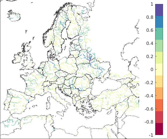 Figure 3. EFAS CRPSS at lead-time 5 days for March 2023, for all catchments. The reference score is persistence.