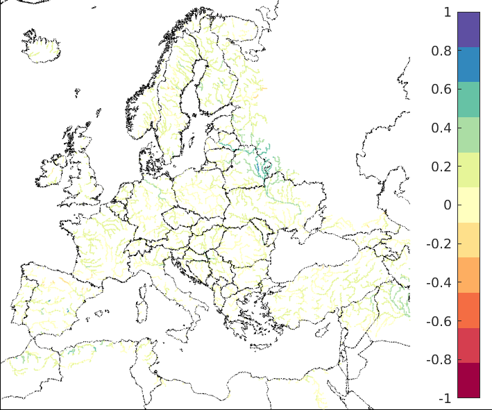 Figure 4. EFAS CRPSS at lead-time 10 days for April 2023, for all catchments. The reference score is persistence.