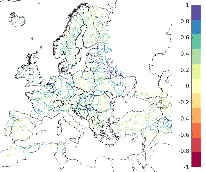 Figure 2. EFAS CRPSS at lead-time 3 days for April 2023, for all catchments.