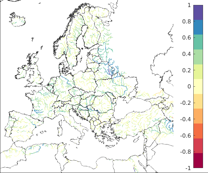 Figure 3. EFAS CRPSS at lead-time 5 days for April 2023, for all catchments. The reference score is persistence.