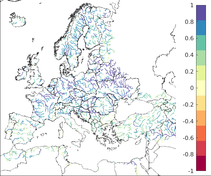 Figure 1. EFAS CRPSS at lead-time 1 day for May 2023, for all catchments. The reference score is persistence.
