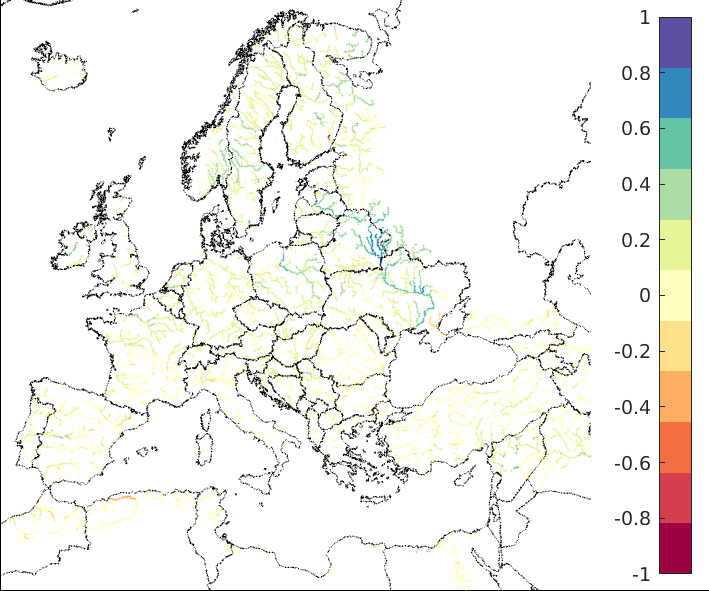 Figure 4. EFAS CRPSS at lead-time 10 days for May 2023, for all catchments. The reference score is persistence.