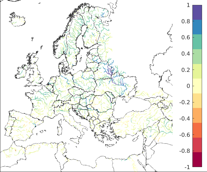 Figure 3. EFAS CRPSS at lead-time 5 days for May 2023, for all catchments. The reference score is persistence.