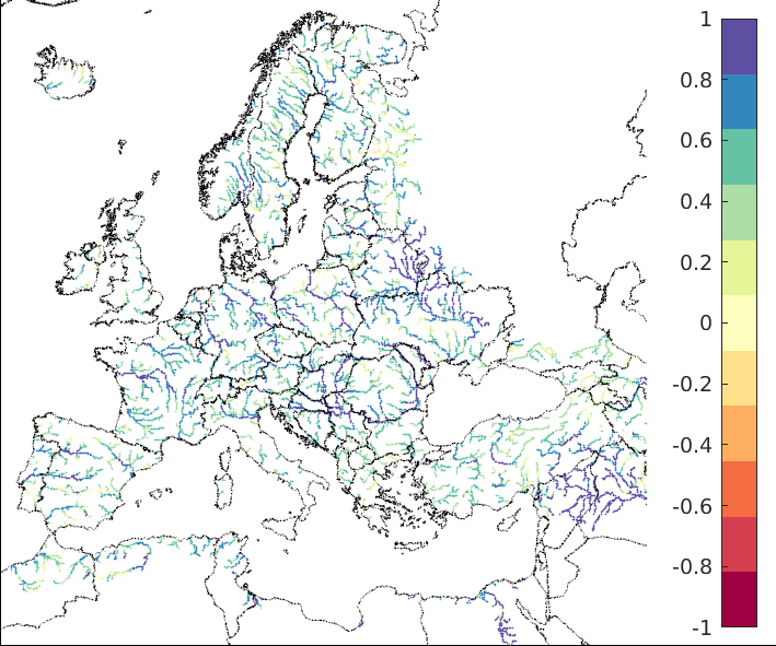 Figure 1. EFAS CRPSS at lead-time 1 day for June 2023, for all catchments. The reference score is persistence.