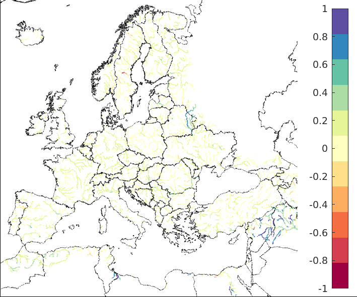 Figure 4. EFAS CRPSS at lead-time 10 days for June 2023, for all catchments. The reference score is persistence.
