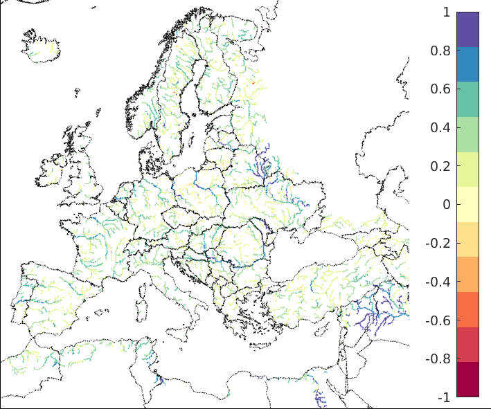 Figure 2. EFAS CRPSS at lead-time 3 days for June 2023, for all catchments.
