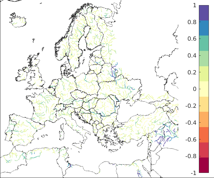Figure 3. EFAS CRPSS at lead-time 5 days for June 2023, for all catchments. The reference score is persistence.