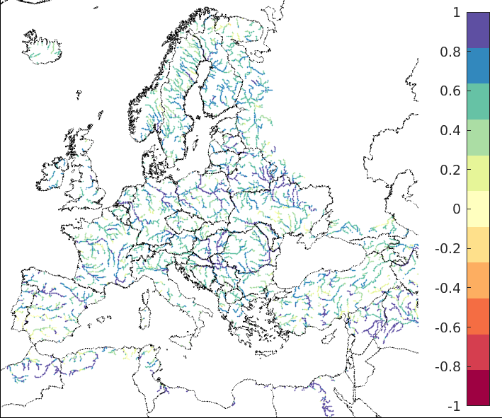 Figure 1. EFAS CRPSS at lead-time 1 day for July 2023, for all catchments. The reference score is persistence.