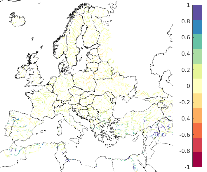 Figure 4. EFAS CRPSS at lead-time 10 days for July 2023, for all catchments. The reference score is persistence.