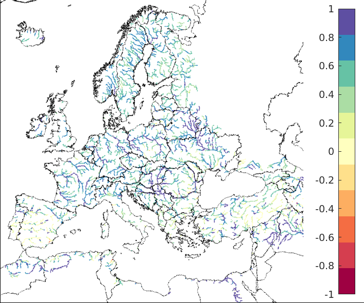 Figure 1. EFAS CRPSS at lead-time 1 day for August 2023, for all catchments. The reference score is persistence.
