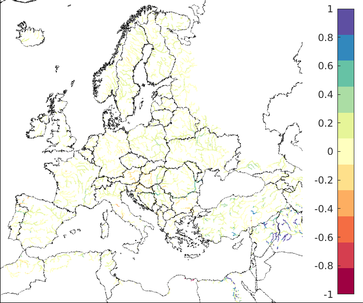Figure 4. EFAS CRPSS at lead-time 10 days for August 2023, for all catchments. The reference score is persistence.
