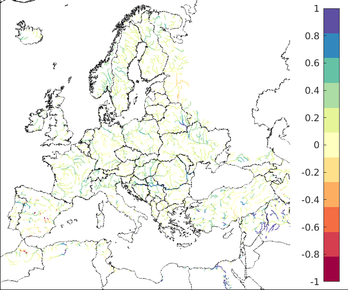 Figure 3. EFAS CRPSS at lead-time 5 days for August 2023, for all catchments. The reference score is persistence.