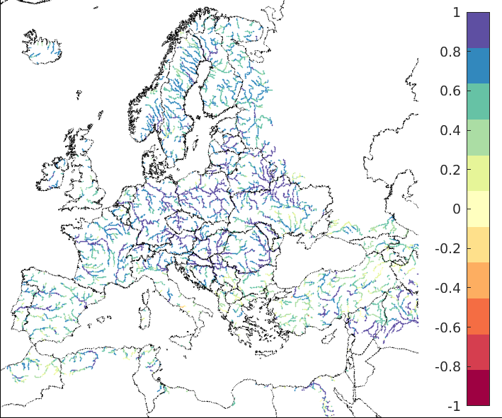 Figure 1. EFAS CRPSS at lead-time 1 day for September 2023, for all catchments. The reference score is persistence.