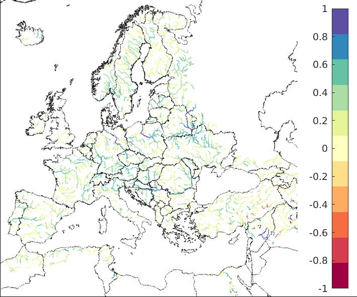 Figure 3. EFAS CRPSS at lead-time 5 days for September 2023, for all catchments. The reference score is persistence.