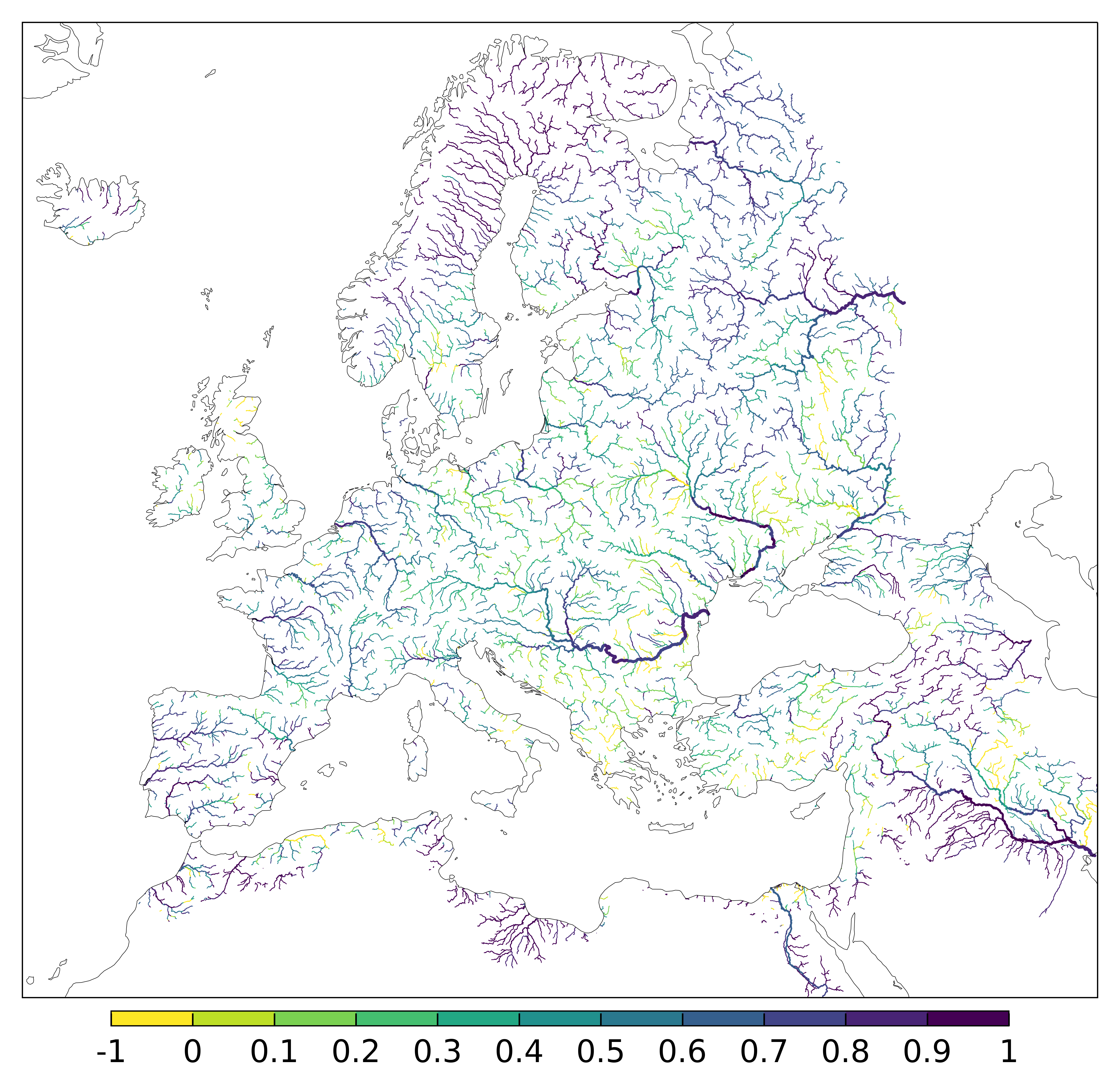 Figure 4. EFAS CRPSS at lead-time 10 day for November 2023 across the EFAS domain for catchments larger than 1000km2. Climatology is used as the reference forecast.