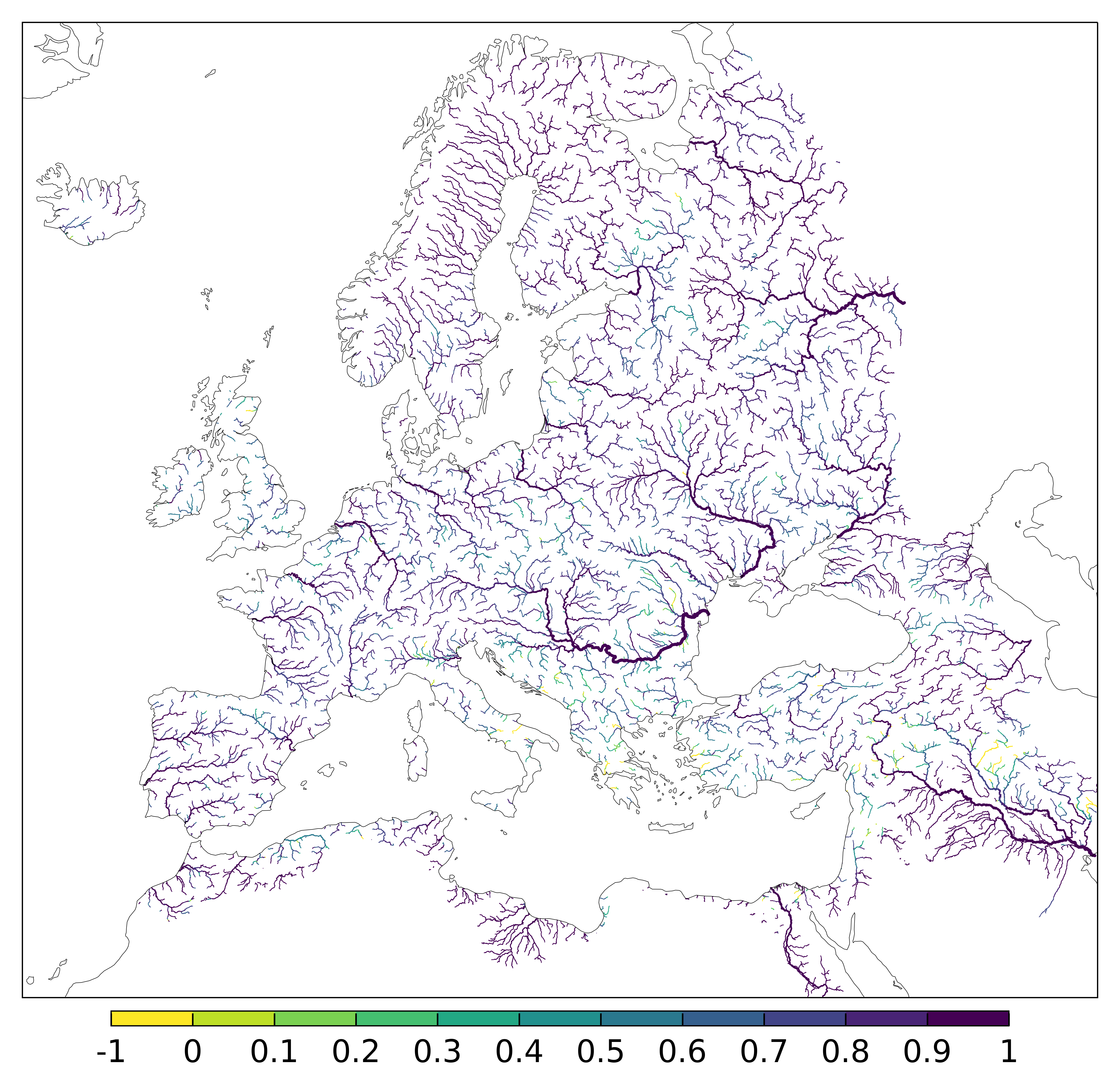 Figure 1. EFAS CRPSS at lead-time 1 day for November 2023 across the EFAS domain for catchments larger than 1000km2. Climatology is used as the reference forecast.