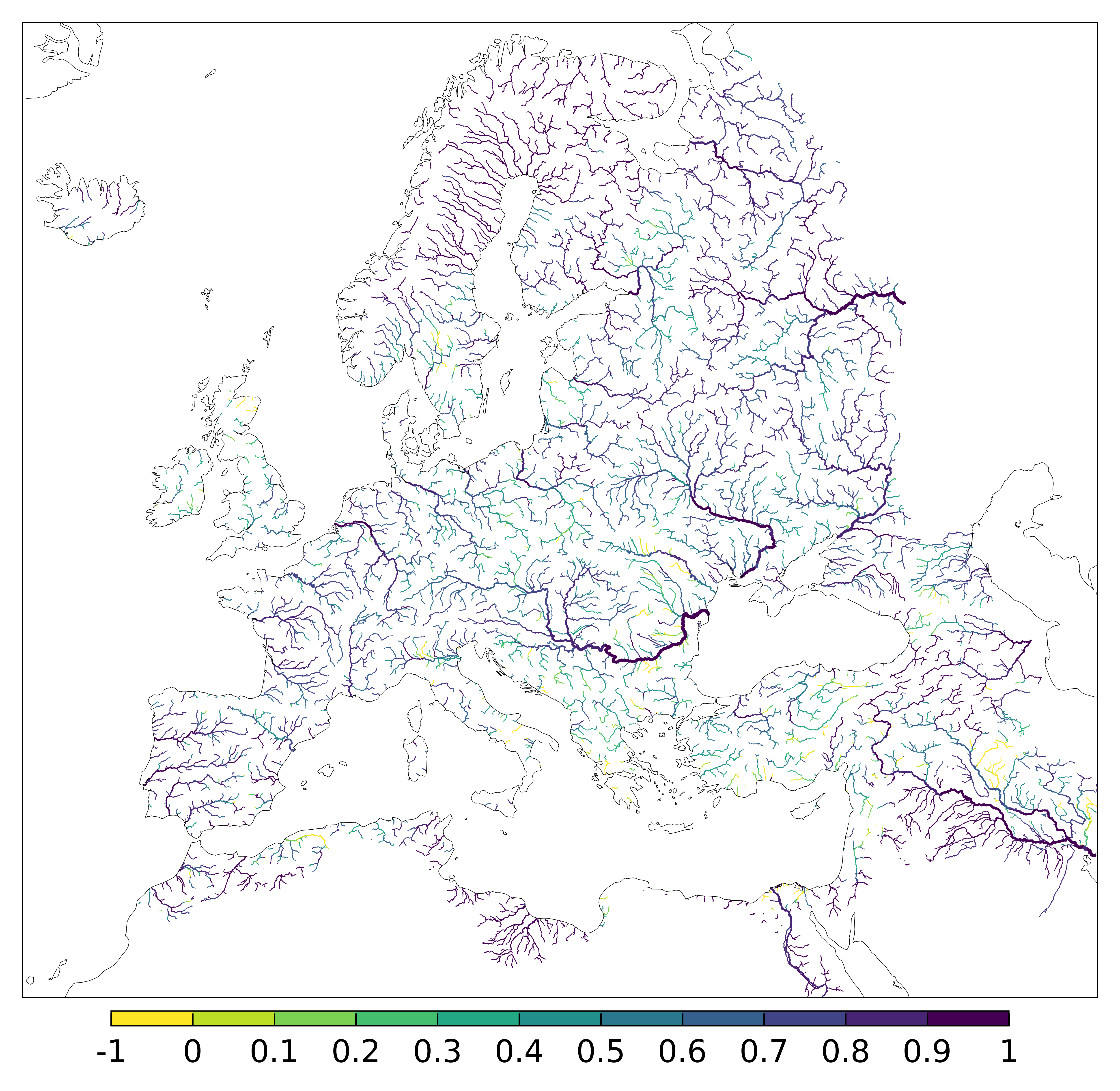 Figure 3. EFAS CRPSS at lead-time 5 day for November 2023 across the EFAS domain for catchments larger than 1000km2. Climatology is used as the reference forecast.