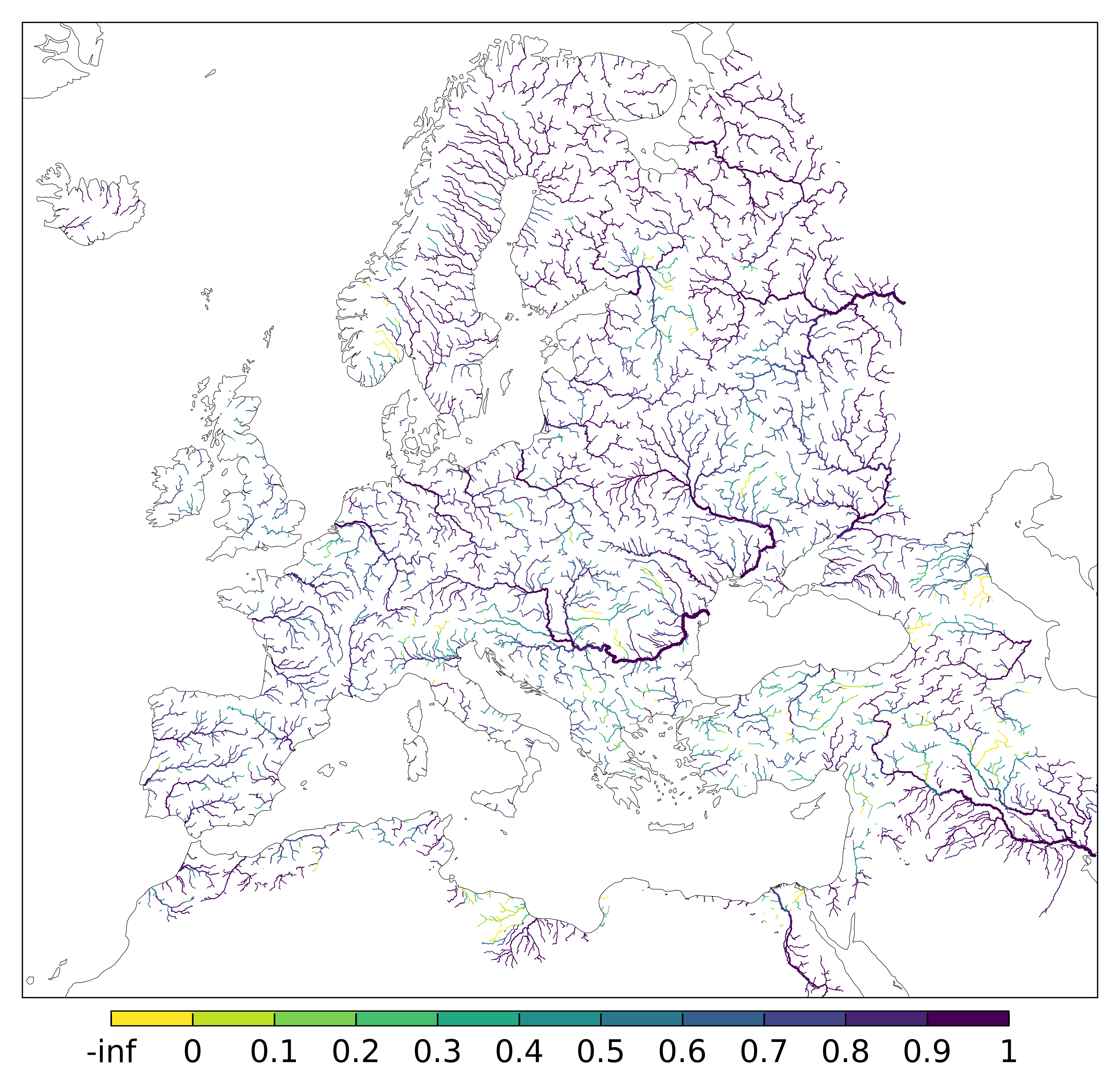 Figure 2. EFAS CRPSS at lead-time 3 day for December 2023 across the EFAS domain for catchments larger than 1000km2. Climatology is used as the reference forecast.