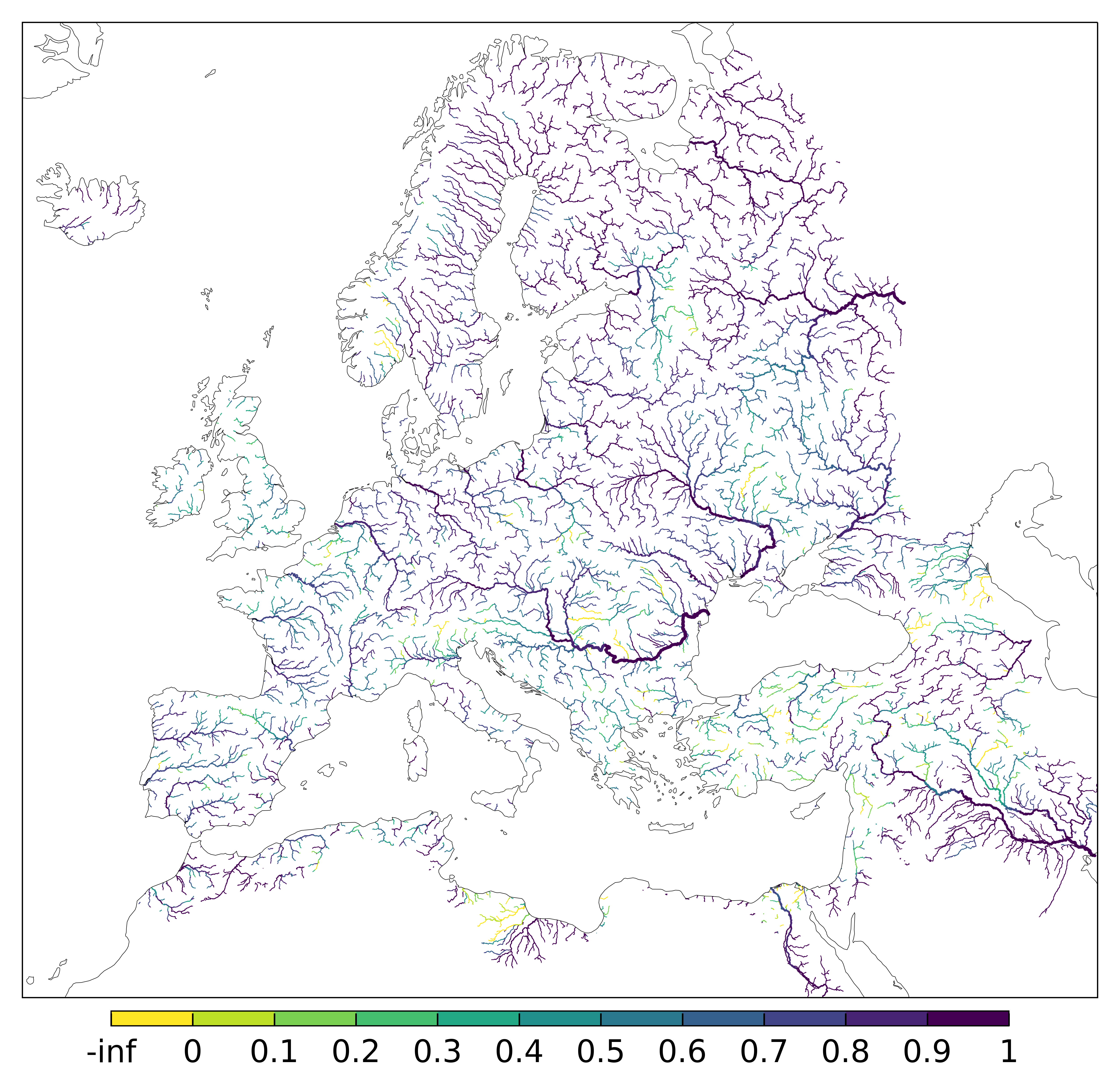 Figure 3. EFAS CRPSS at lead-time 5 day for December 2023 across the EFAS domain for catchments larger than 1000km2. Climatology is used as the reference forecast.