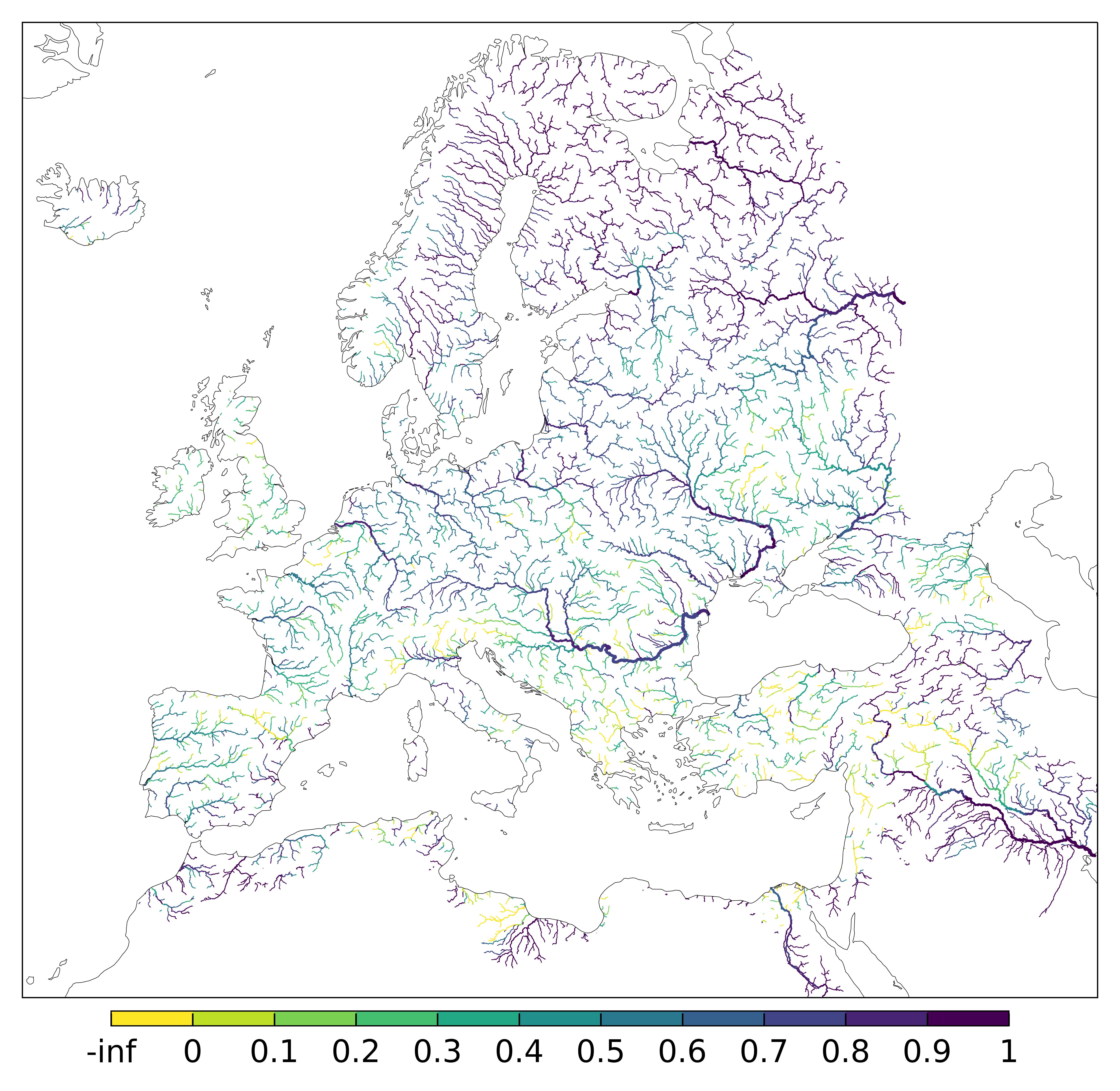 Figure 4. EFAS CRPSS at lead-time 10 day for December 2023 across the EFAS domain for catchments larger than 1000km2. Climatology is used as the reference forecast.