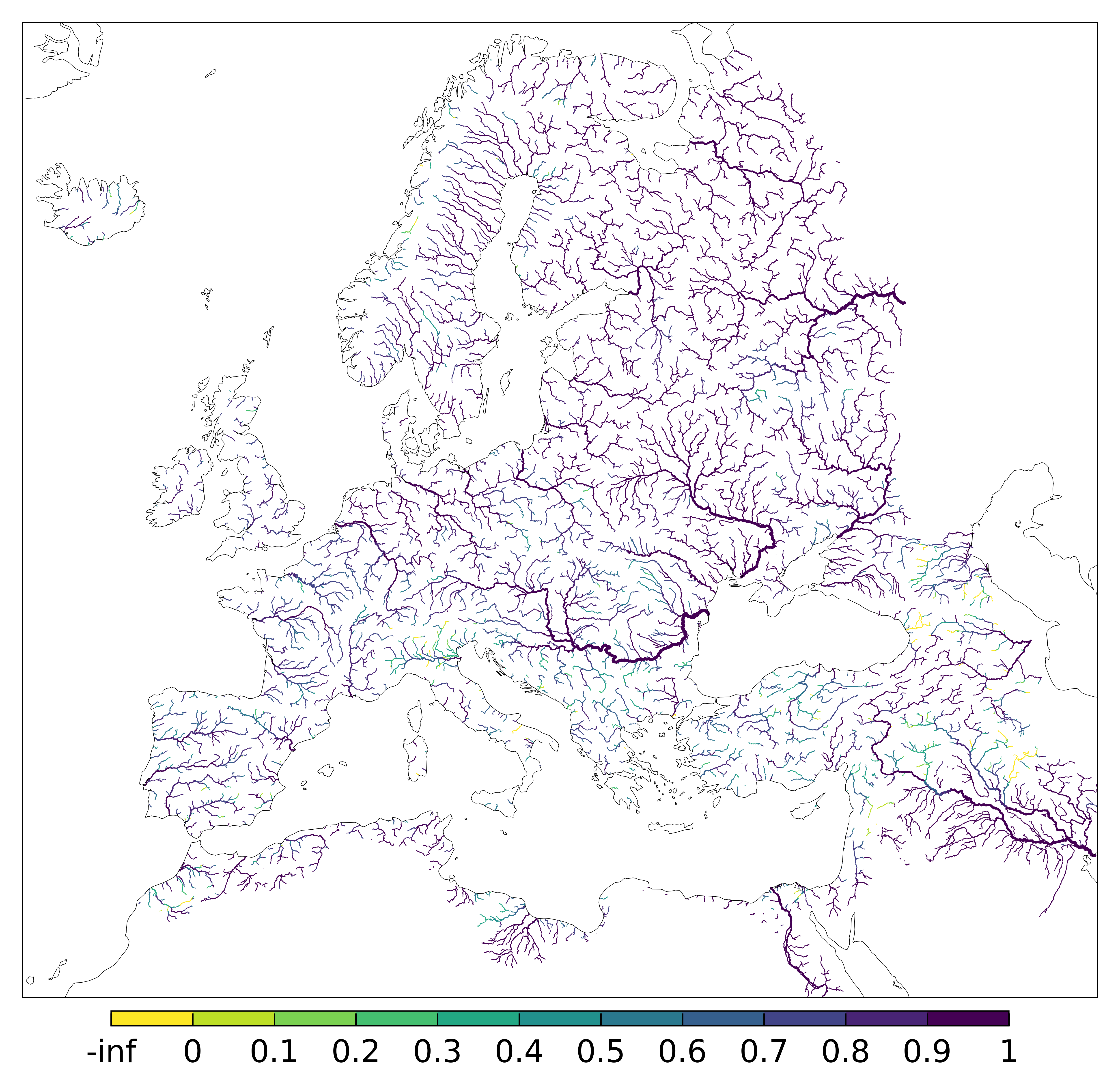 Figure 1. EFAS CRPSS at lead-time 1 day for January 2024 across the EFAS domain for catchments larger than 1000km2. Climatology is used as the reference forecast.