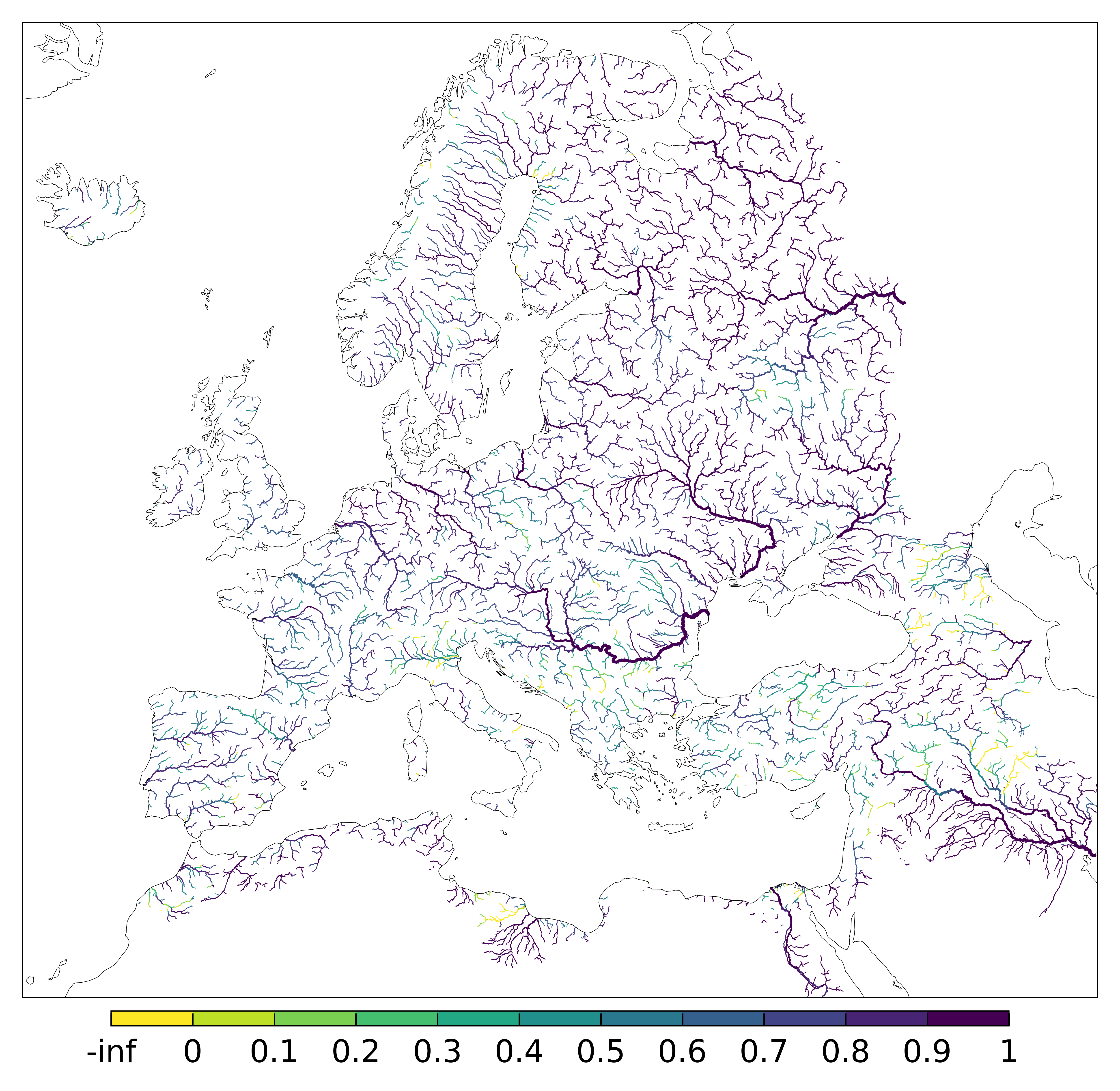 Figure 2. EFAS CRPSS at lead-time 3 day for January 2024 across the EFAS domain for catchments larger than 1000km2. Climatology is used as the reference forecast.