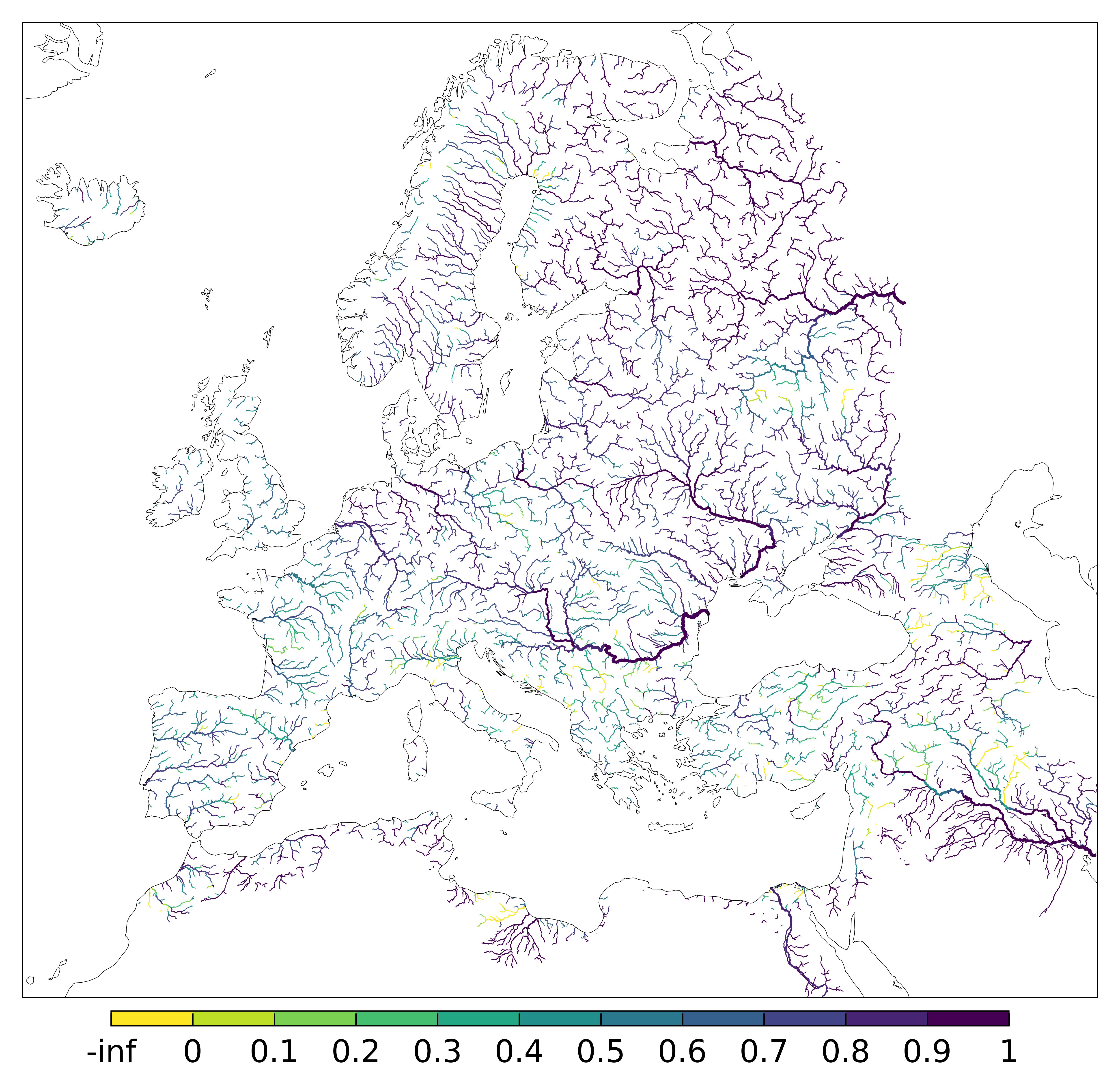 Figure 3. EFAS CRPSS at lead-time 5 day for January 2024 across the EFAS domain for catchments larger than 1000km2. Climatology is used as the reference forecast.