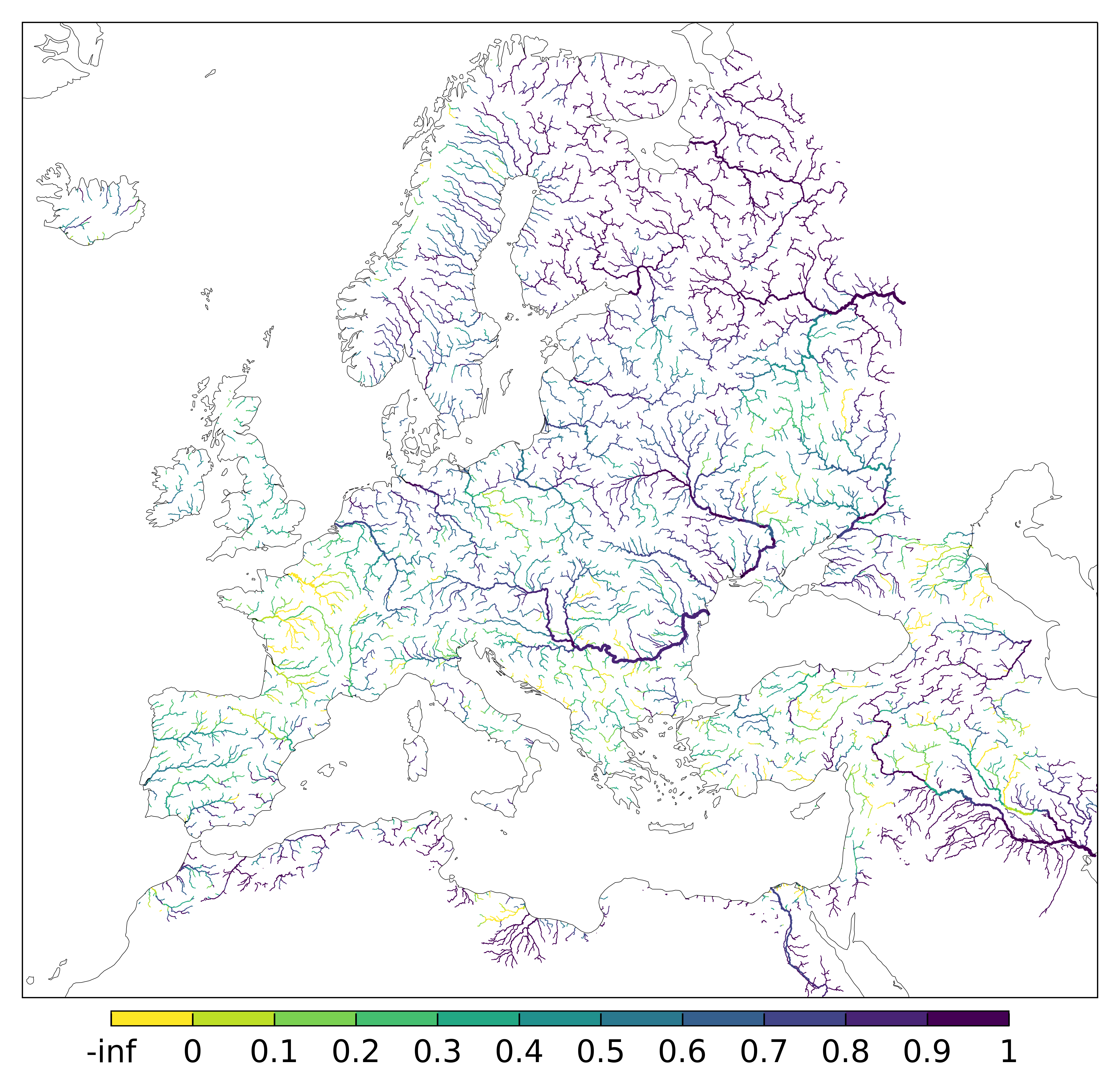 Figure 4. EFAS CRPSS at lead-time 10 day for January 2024 across the EFAS domain for catchments larger than 1000km2. Climatology is used as the reference forecast.