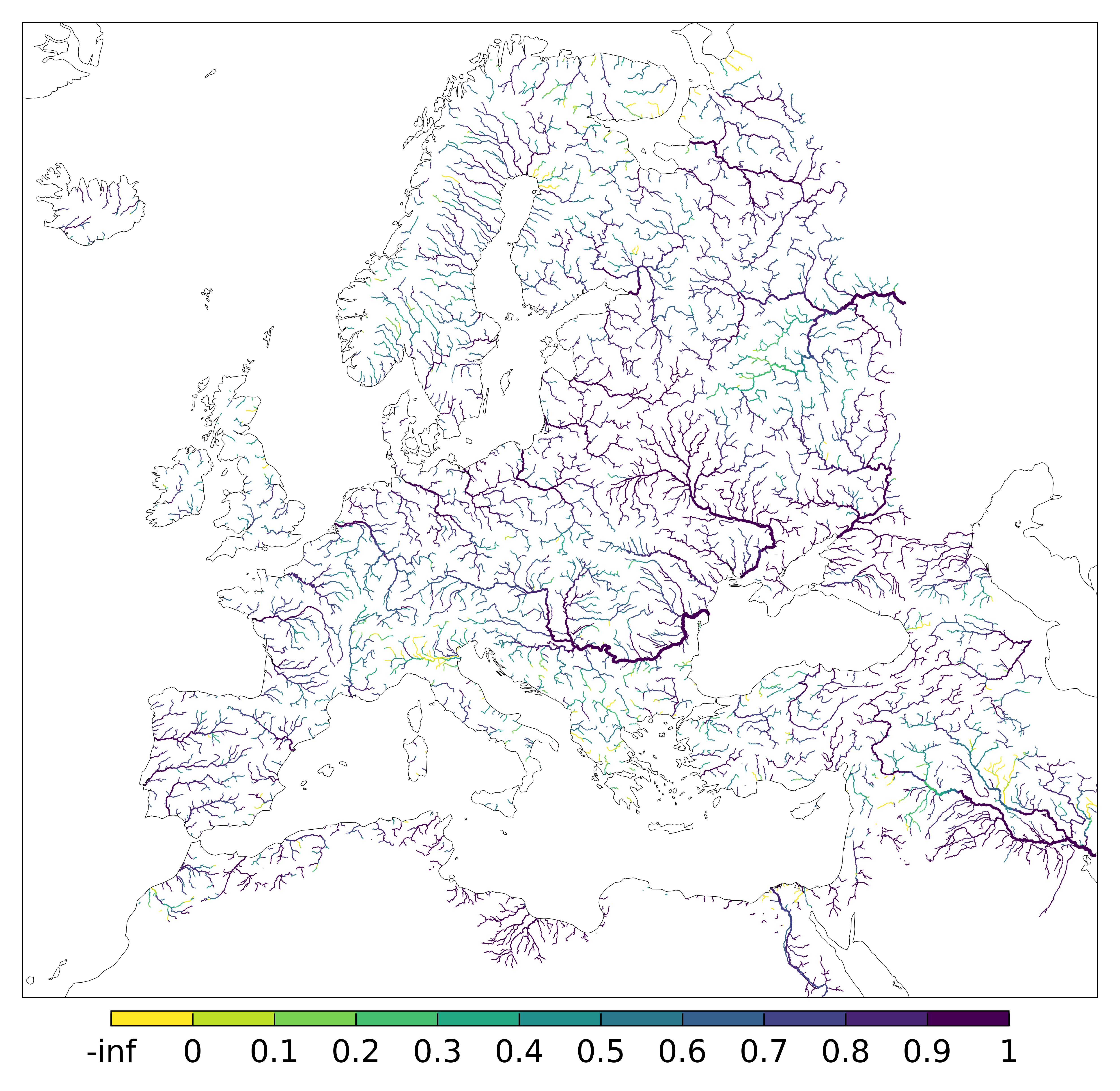 Figure 2. EFAS CRPSS at lead-time 3 day for March 2024 across the EFAS domain for catchments larger than 1000km2. Climatology is used as the reference forecast.