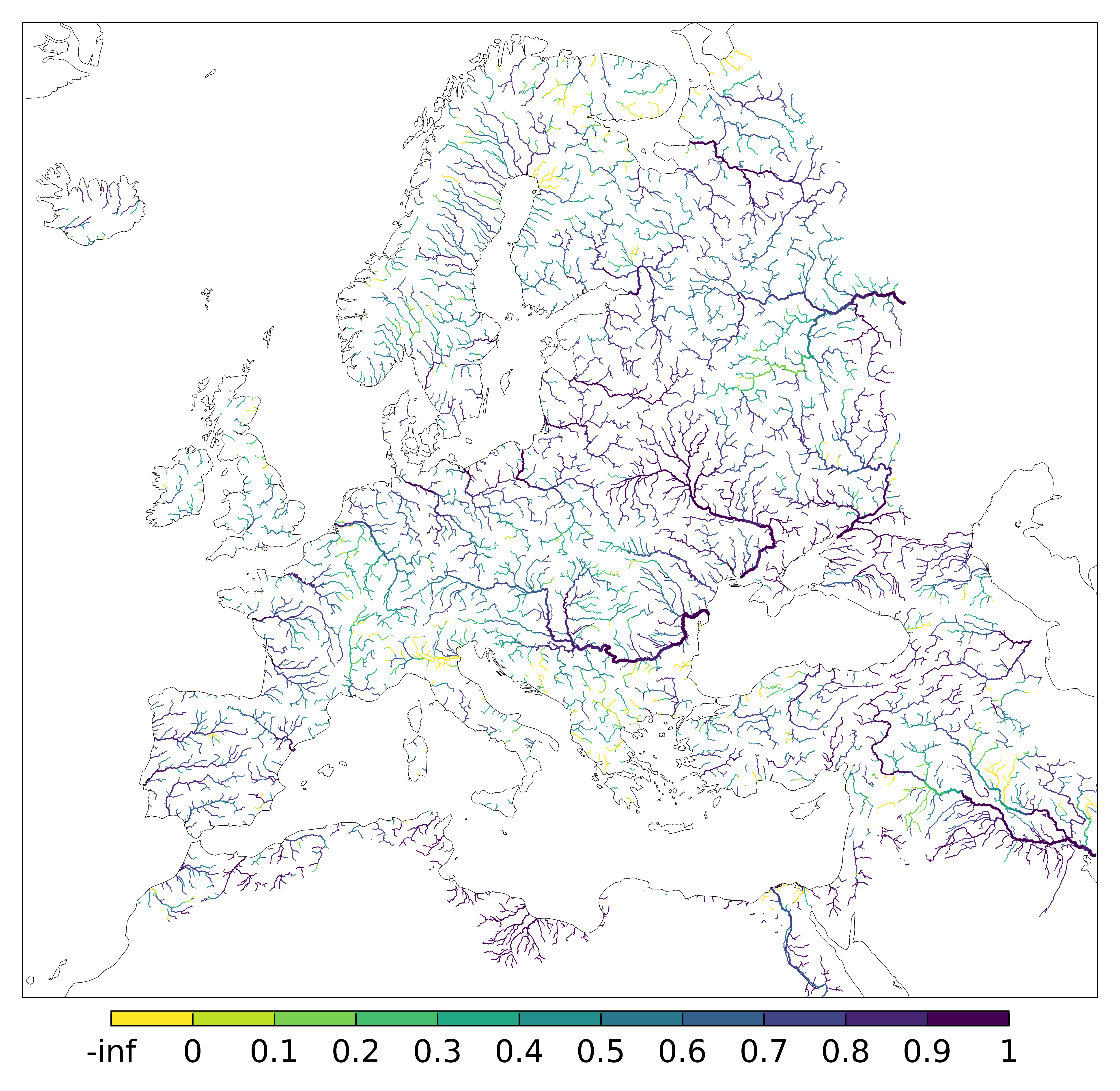 Figure 3. EFAS CRPSS at lead-time 5 day for March 2024 across the EFAS domain for catchments larger than 1000km2. Climatology is used as the reference forecast.