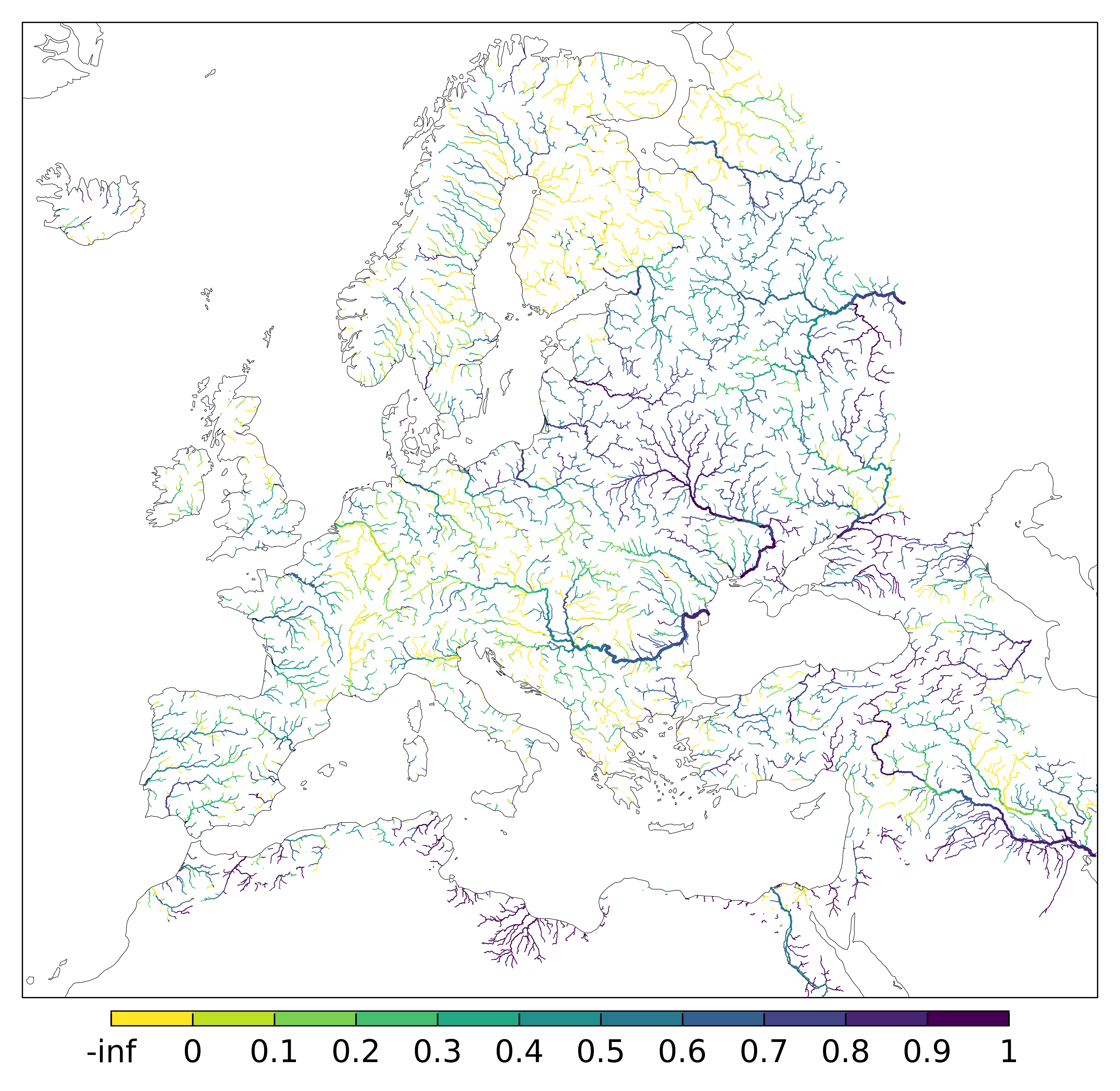 Figure 4. EFAS CRPSS at lead-time 10 day for March 2024 across the EFAS domain for catchments larger than 1000km2. Climatology is used as the reference forecast.