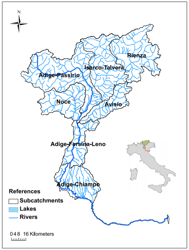 The Adige river catchment in Italy.
