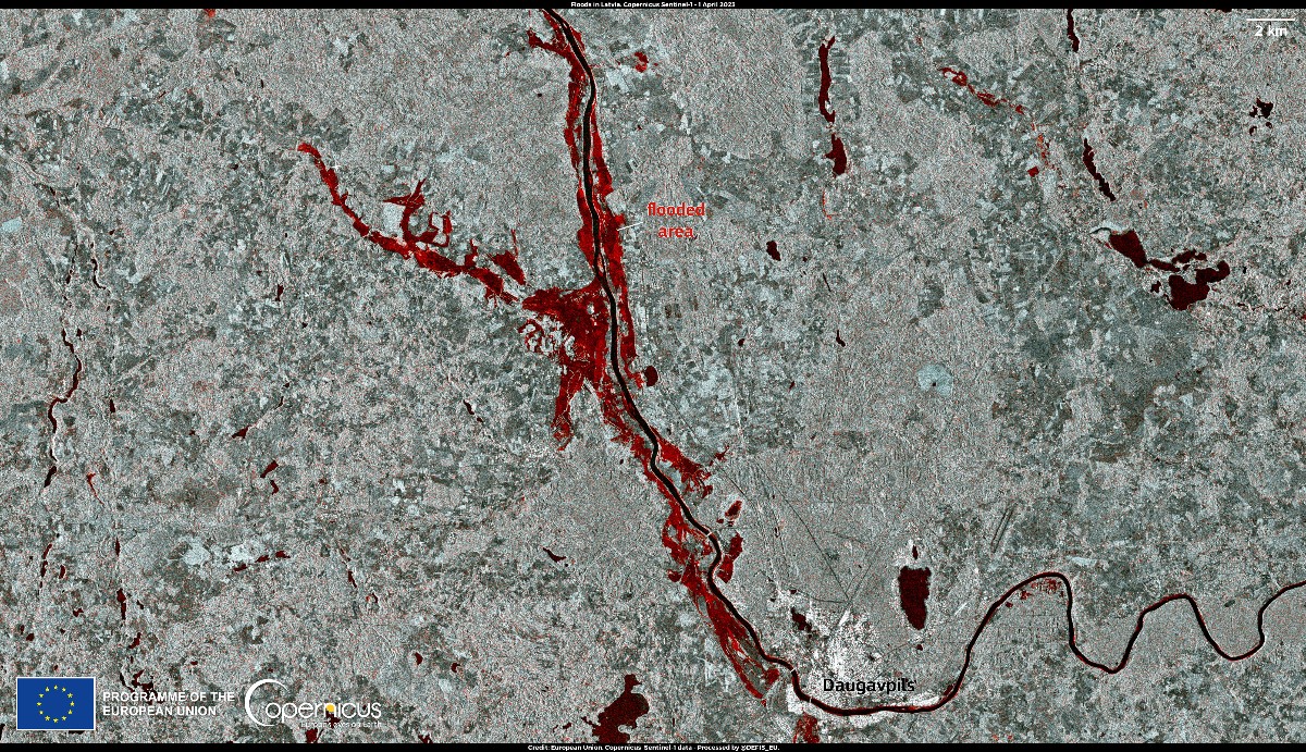 Copernicus Sentinel-1A radar image captured on 01 April, showing the affected areas north of Daugavpils in western Latvia. Credit: European Union, Copernicus Sentinel-1A imagery