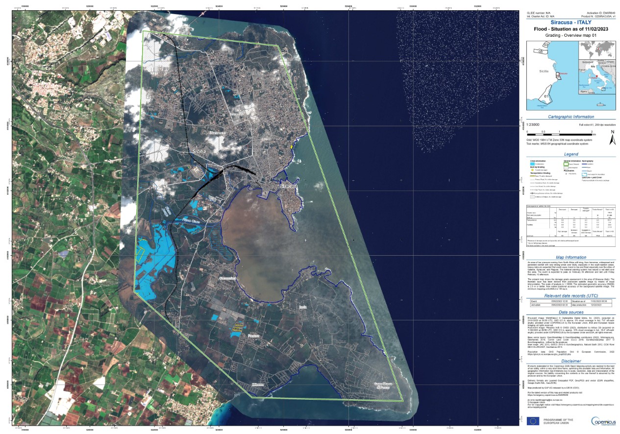 Copernicus Emergency Management Service (EMS) images showed flooding (light blue) in areas of Syracuse, Sicily, 11 February 2023. Credit: Copernicus Emergency Management Service