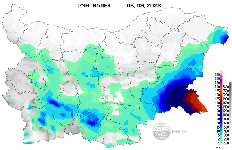 Map showing areas of heavy rainfall in Bulgaria 05 to 06 September 2032. Credit: National Institute of Meteorology and Hydrology Bulgaria