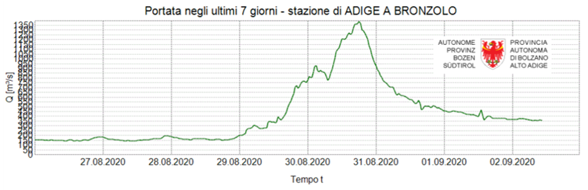 Observed discharge recorded at Bronzolo gauging station.
