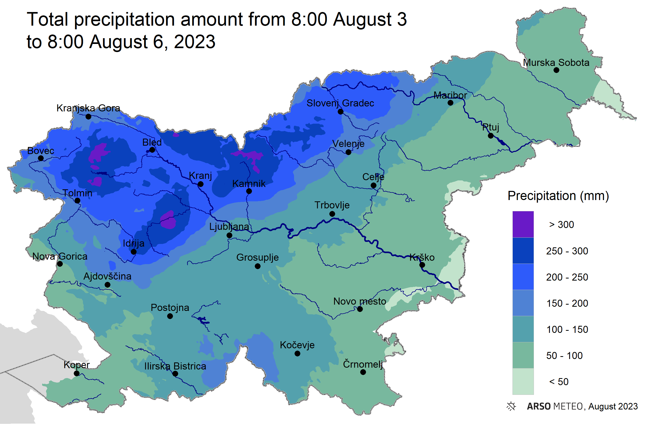 72-hour precipitation amount from 03 August to 06 August, measured by automatic weather. Image: ARSO