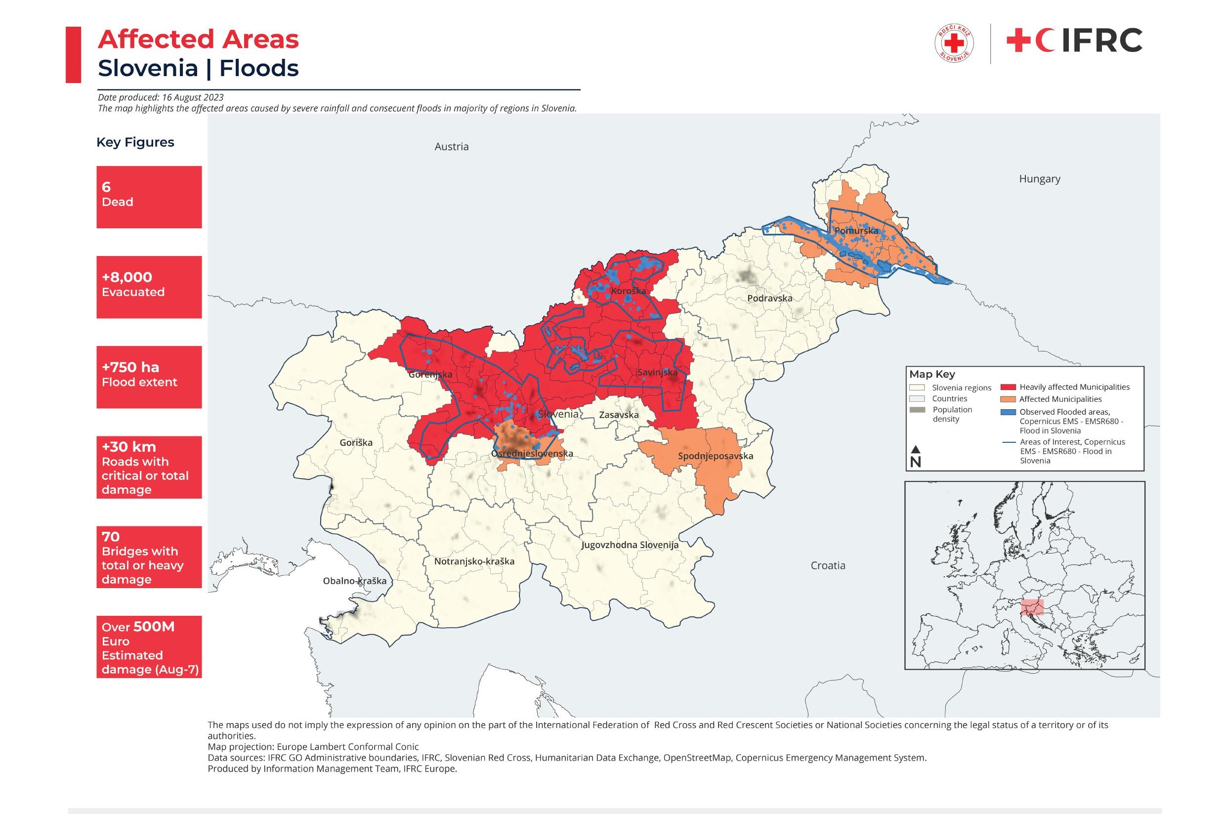 Map of areas impacted by floods in Slovenia. Image: IFRC
