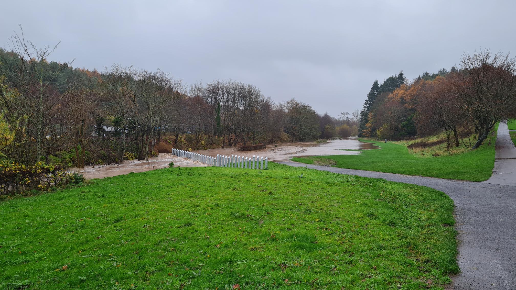 A view of operation 4 in The Dammy. This a low lying park area between Arbroath and St Vigeans where there is no river wall or deep bank and this area is a natural flood plain, so the design allows for water to lie here during flood events. Debris posts have been put in to catch large debris before it goes in to the river through Arbroath.