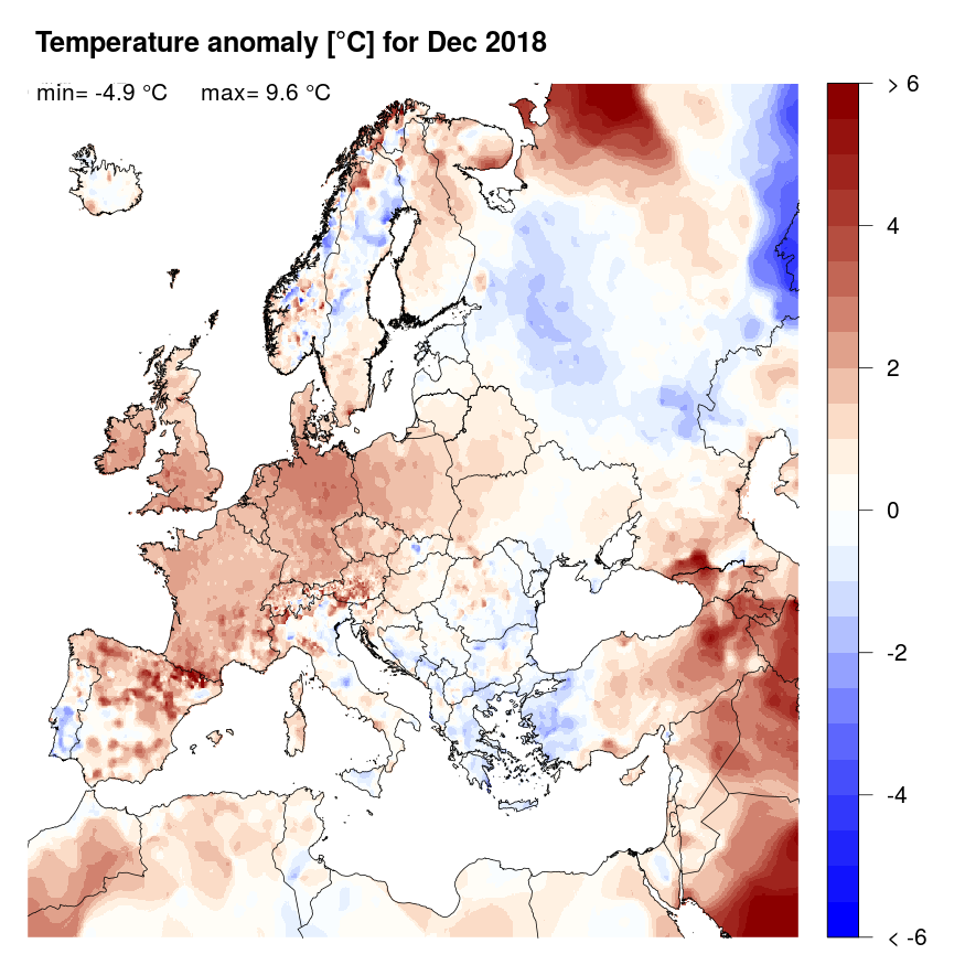 Figure 4. Temperature anomaly [°C] for December 2018, relative to a long-term average (1990-2013). Blue (red) denotes colder (warmer) temperatures than normal.