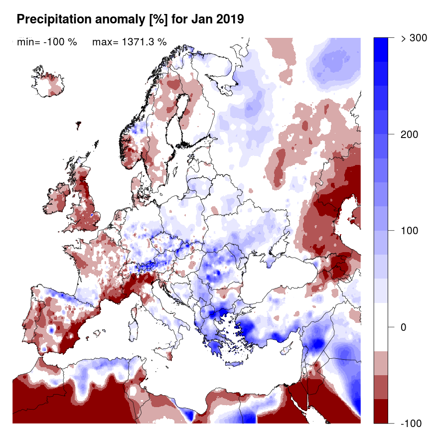 Figure 2. Precipitation anomaly [%] for January 2019, relative to a long-term average (1990-2013). Blue (red) denotes wetter (drier) conditions than normal.