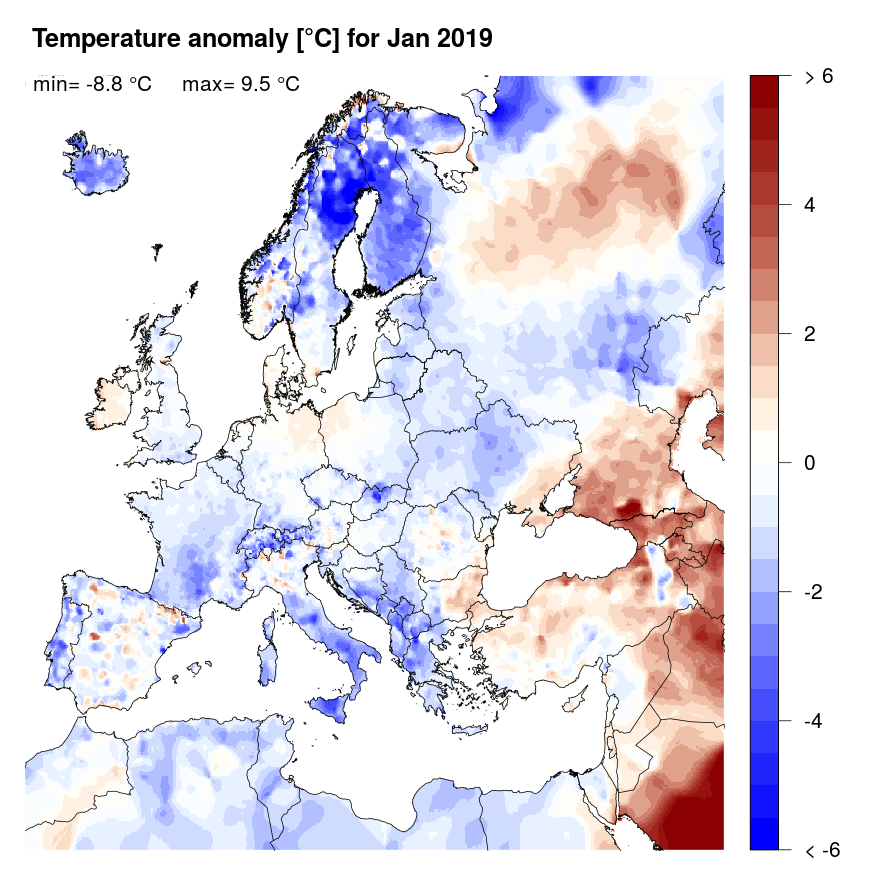 Figure 4. Temperature anomaly [°C] for January 2019, relative to a long-term average (1990-2013). Blue (red) denotes colder (warmer) temperatures than normal.