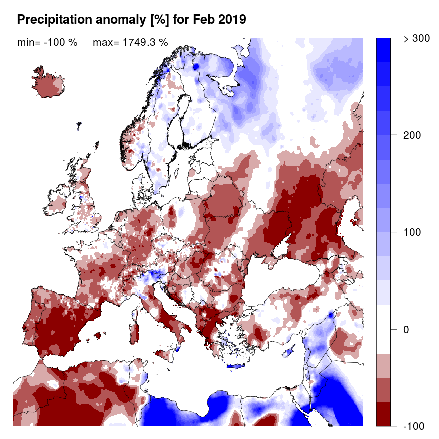 Figure 2. Precipitation anomaly [%] for February 2019, relative to a long-term average (1990-2013). Blue (red) denotes wetter (drier) conditions than normal.