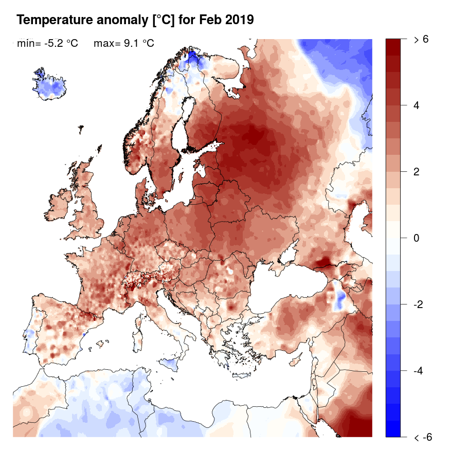 Figure 4. Temperature anomaly [°C] for February 2019, relative to a long-term average (1990-2013). Blue (red) denotes colder (warmer) temperatures than normal.