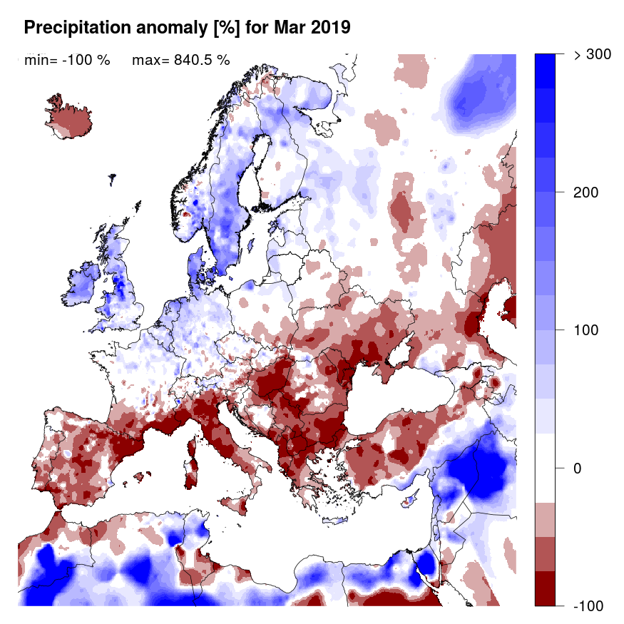 Figure 2. Precipitation anomaly [%] for March 2019, relative to a long-term average (1990-2013). Blue (red) denotes wetter (drier) conditions than normal.