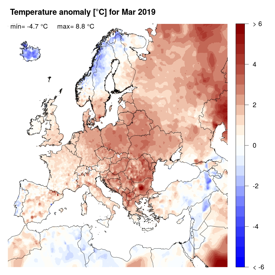 Figure 4. Temperature anomaly [°C] for March 2019, relative to a long-term average (1990-2013). Blue (red) denotes colder (warmer) temperatures than normal.