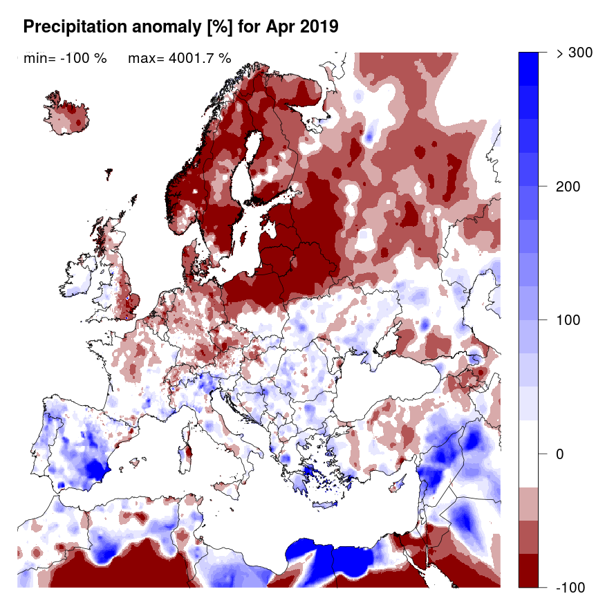 Precipitation anomaly [%] for April 2019, relative to a long-term average (1990-2013). Blue (red) denotes wetter (drier) conditions than normal.